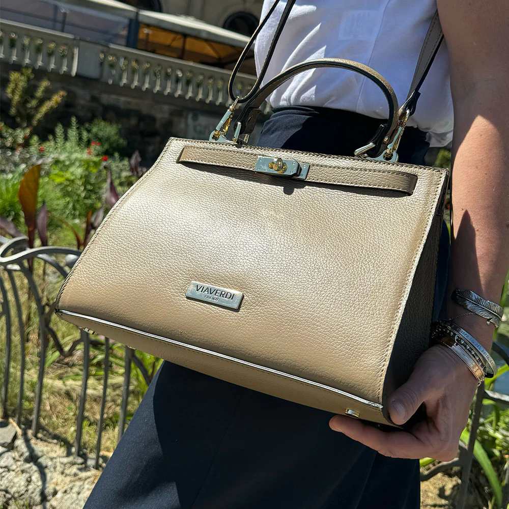 Borsa a Mano in Pelle Nocciola con Tracolla VIAVERDI Made in Italy linea Barga - Image 7